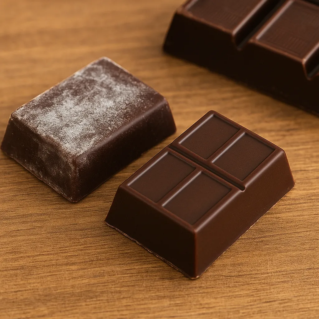 초콜릿이-하얗게-변하는-현상인-블룸을-보여주는-사진-왼쪽-조각은-표면이-하얗게-일어난-초콜릿-오른쪽-조각은-매끈하고-윤기-나는-초콜릿으로-대조를-이룸-저온-보관이나-지방과-당분의-재결정화-때문에-발생하는-현상을-강조