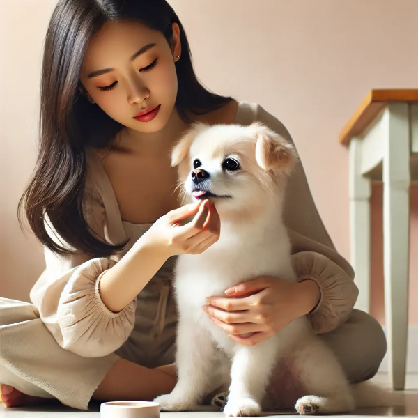 바닥에 앉아 반려견의 턱을 들어 혀와 잇몸 색을 확인하며 걱정하는 동양인 젊은 여성