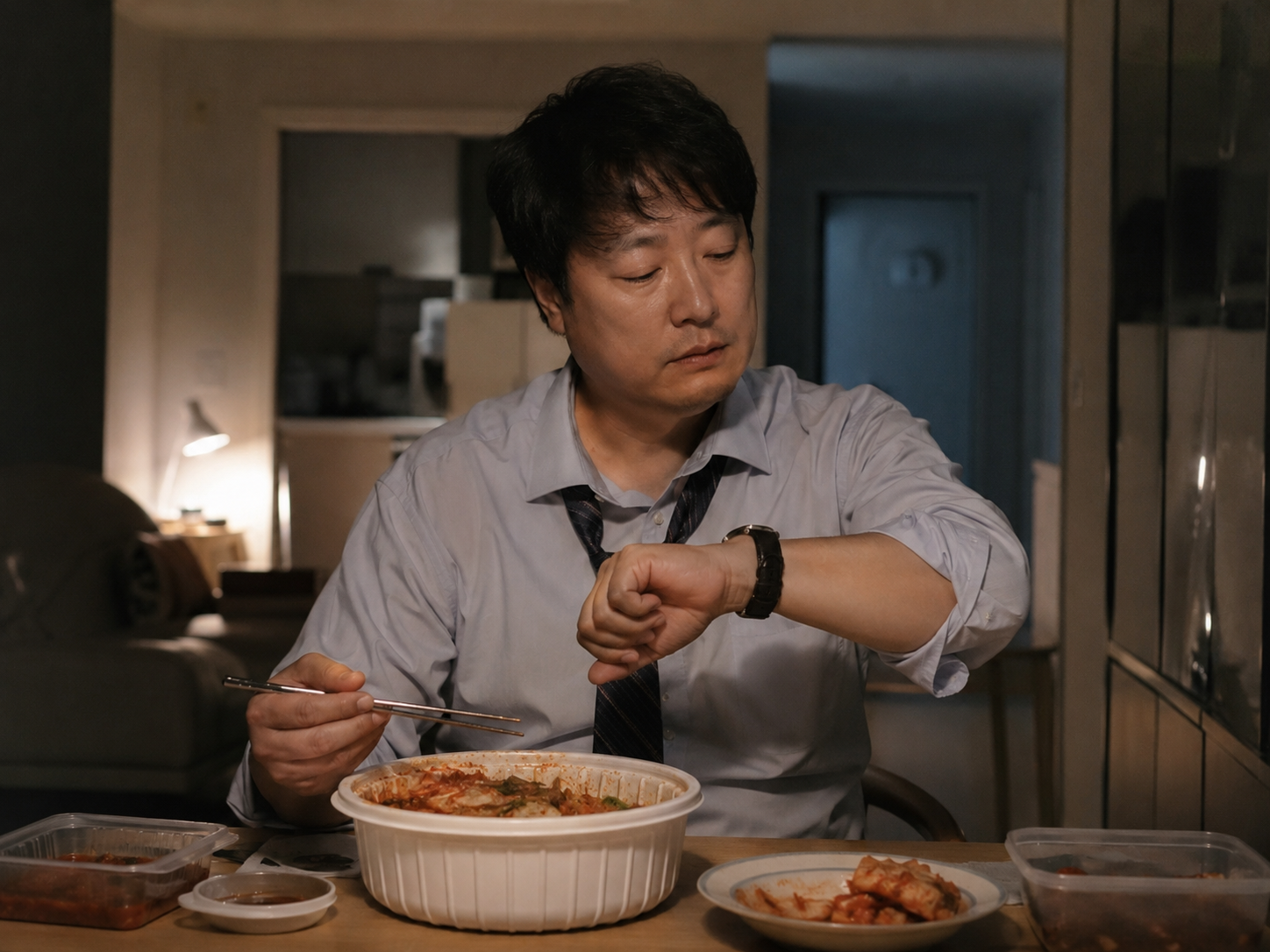 40대 남성이 밤늦게 야식을 먹는 장면