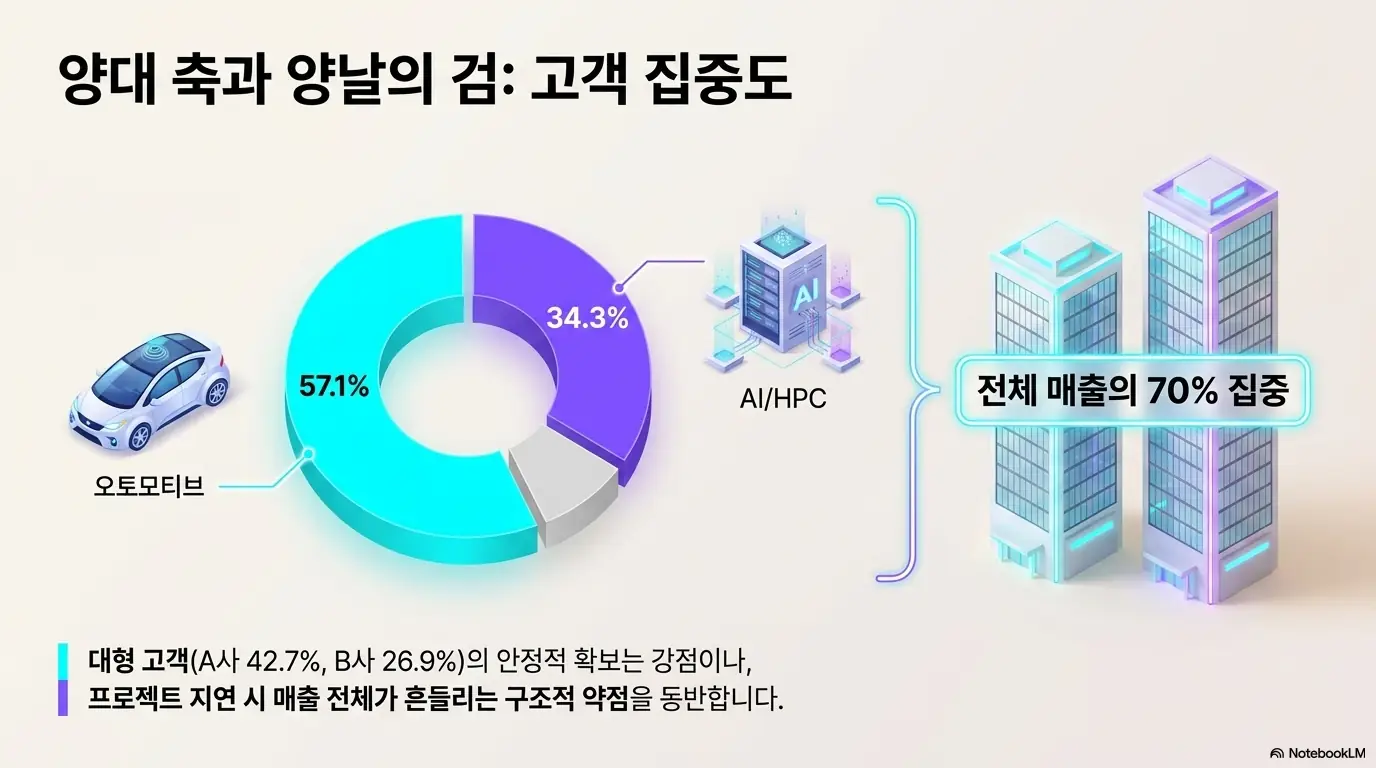 가온칩스 주가 전망: 오토모티브 57.1%와 AI&middot;HPC 34.3%로 나뉜 가온칩스 매출 구성과 상위 고객 2곳의 매출 70% 집중을 표현한 도넛 차트 인포그래픽. 대형 고객 확보라는 강점과 프로젝트 지연 시 매출이 흔들리는 약점을 함께 시각적으로 전달하며&amp;#44; 가온칩스 사업 구조와 고객 집중도를 설명함. 