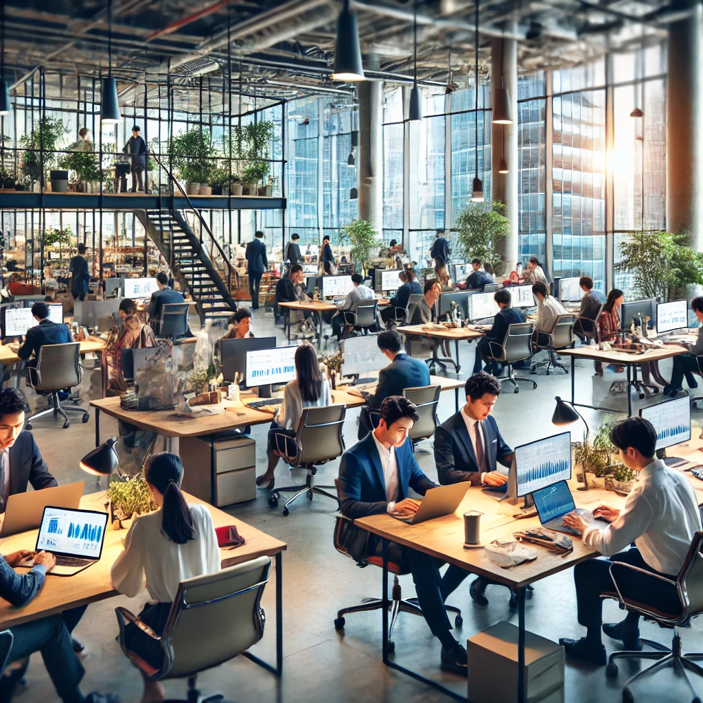한국의 현대적인 오피스에서 일하고 있는 직원들