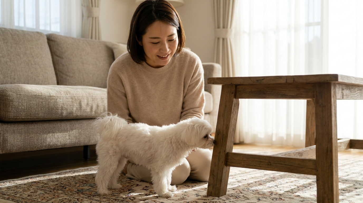 거실 탁자 다리 냄새 맡는 강아지 지켜보는 여성