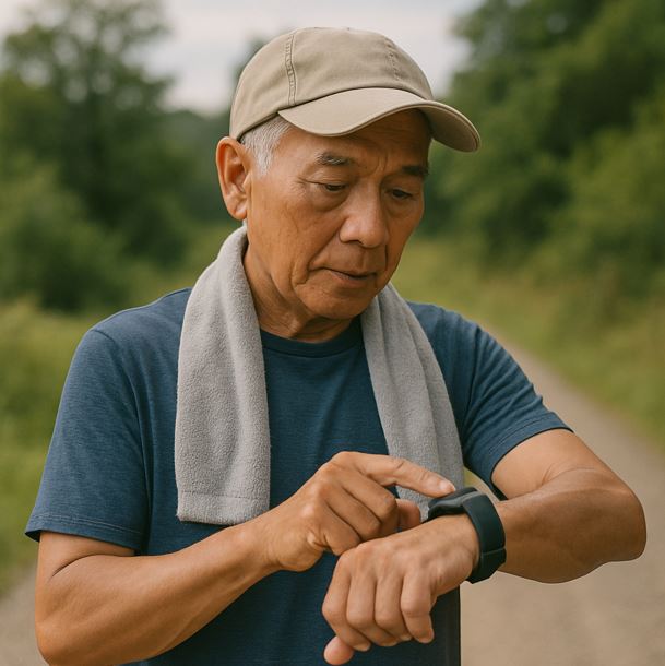 스마트워치를 보며 트래킹 중인 노인의 모습