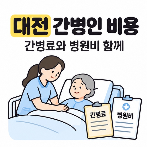 대전 간병인 비용 제목 아래 침대에 누운 환자를 돕는 간병인과 간병료 및 병원비 명세서를 배치한 대표 이미지