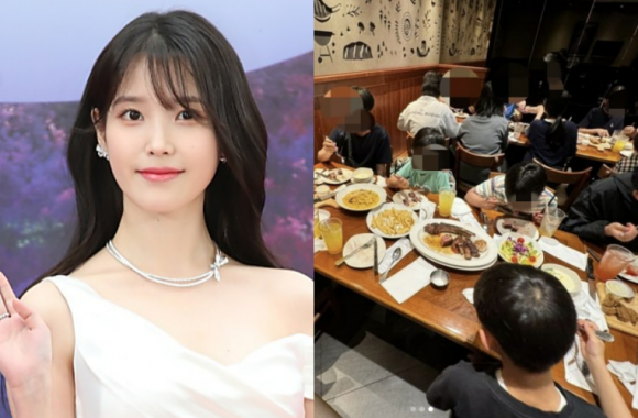 가수 아이유(왼쪽)가 5월 5일 어린이날을 맞아 보육시설에 후원한 소식이 전해졌다. 오른쪽은 해당 시설 아이들이 프랜차이즈 음식점에서 식사하는 모습.