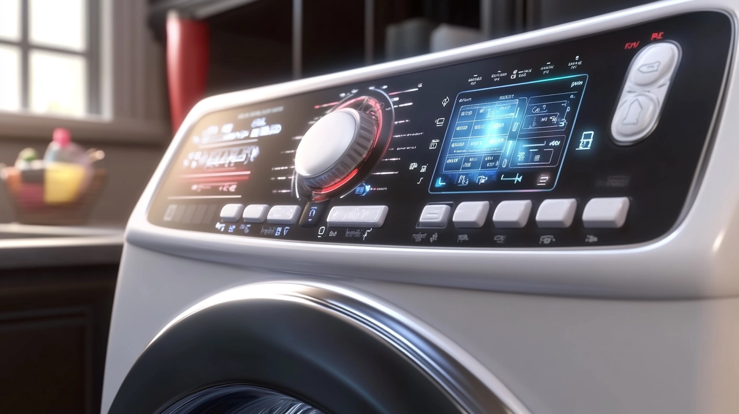 삼성 AI 세탁기의 제어 패널 확대 모습. 고급스러운 미래형 디자인과 첨단 인터페이스가 돋보이는 이미지.