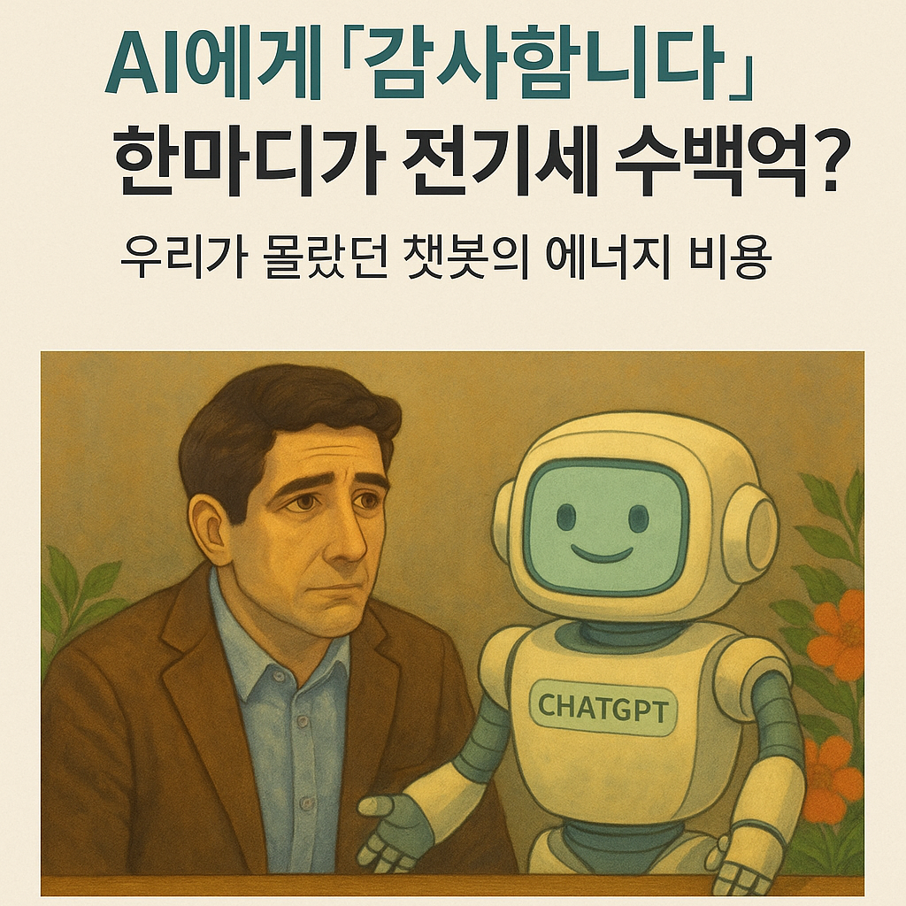따뜻한 일러스트 스타일로 표현된 AI 챗봇과 인간의 대화 장면 이미지