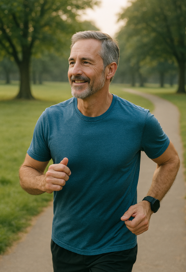 넓은 공원에서 러닝 중인 중년 남성 사진