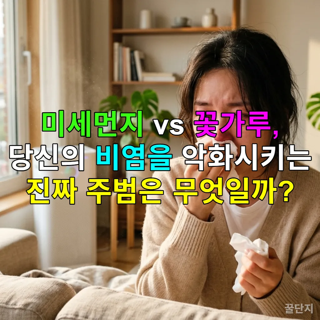 미세먼지와 꽃가루로 비염 증상을 겪는 한국 여성