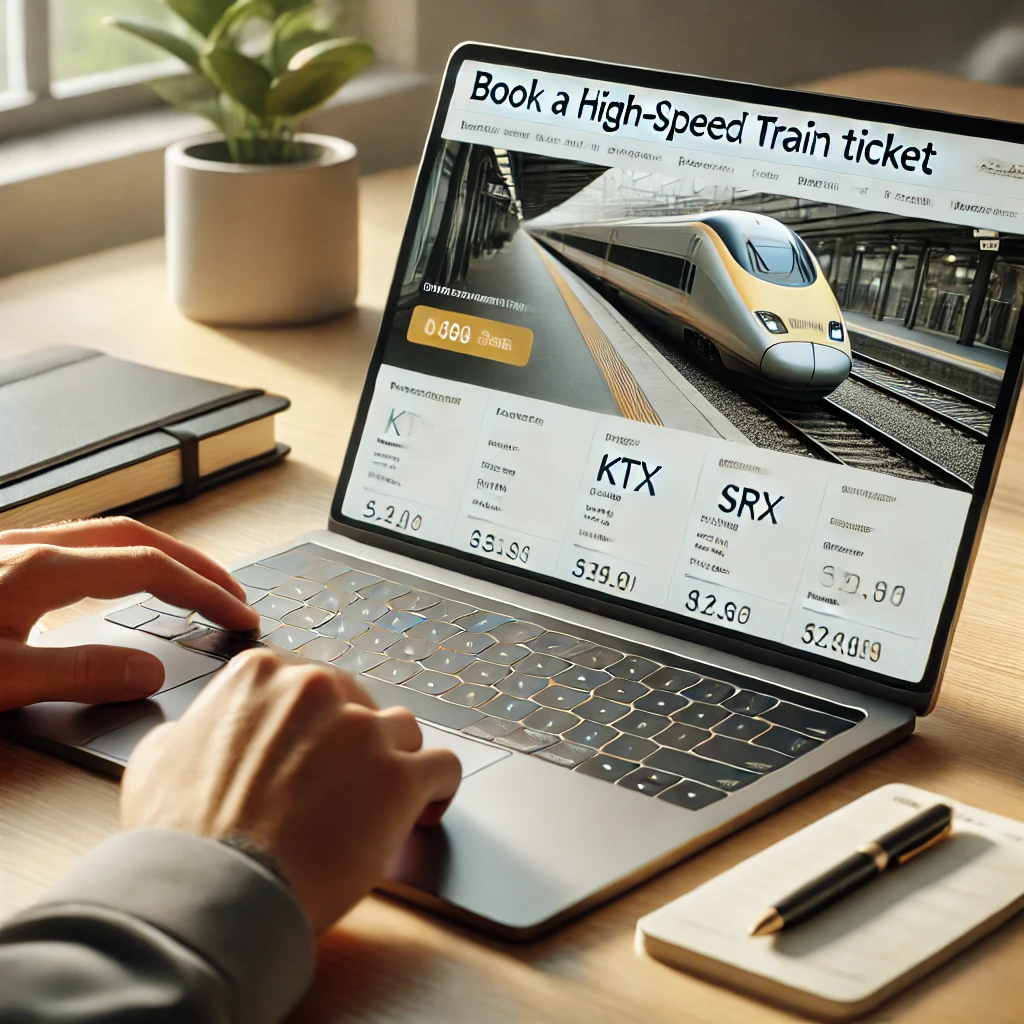 노트북 웹사이트에서 고속열차 티켓을 예약하는 모습