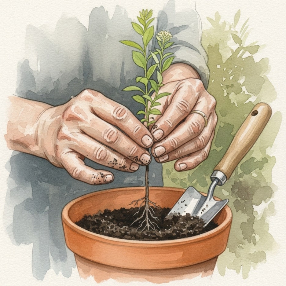 정원에 조팝나무 묘목을 심고 있는 모습