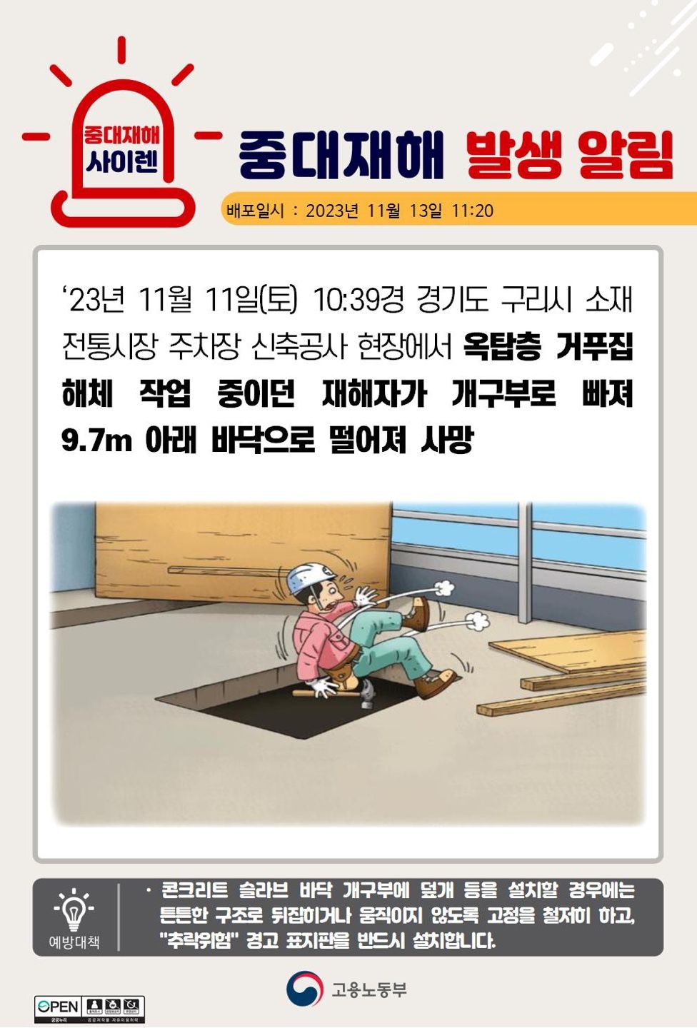 거푸집 해체 작업 중 개구부로 떨어짐(9.7m)