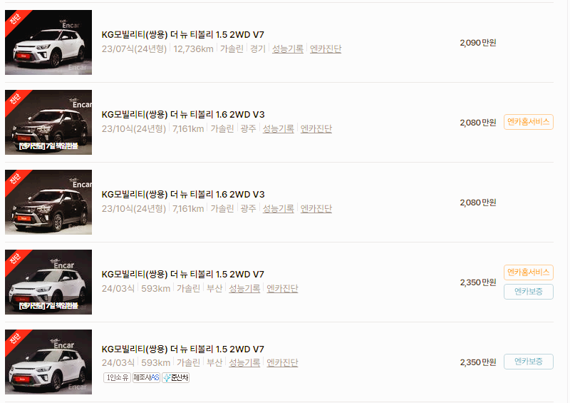 KG모빌리티 티볼리 중고차 가격 시세표 24년10월