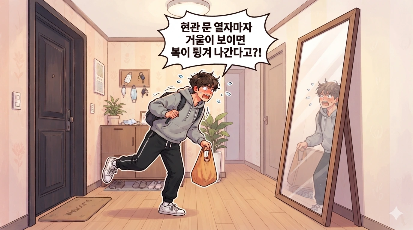 현관 정면에 놓인 거울을 보고 복이 나갈까 봐 당황하는 만화 캐릭터와 말풍선이 담긴 가로형 웹툰 일러스트
