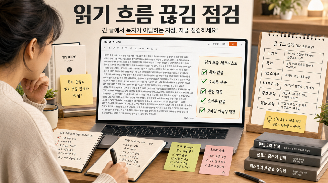 티스토리 블로거가 긴 글에서 목차 부족 소제목 부족 문단 길이 요약문 부족 문제를 점검하는 이미