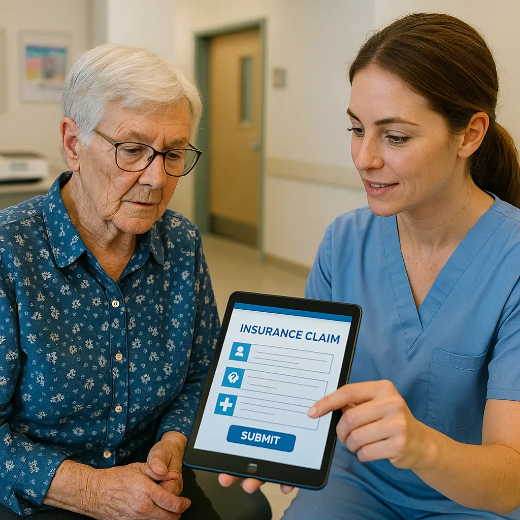 고령 환자가 병원 직원의 도움으로 보험 청구하는 모습