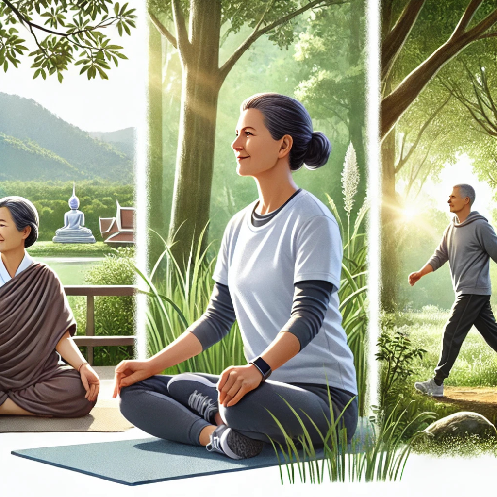 자연 속에서 스트레칭을 실천하며 건강한 일상을 보내는 중년 여성의 활기찬 모습이 담긴 이미지