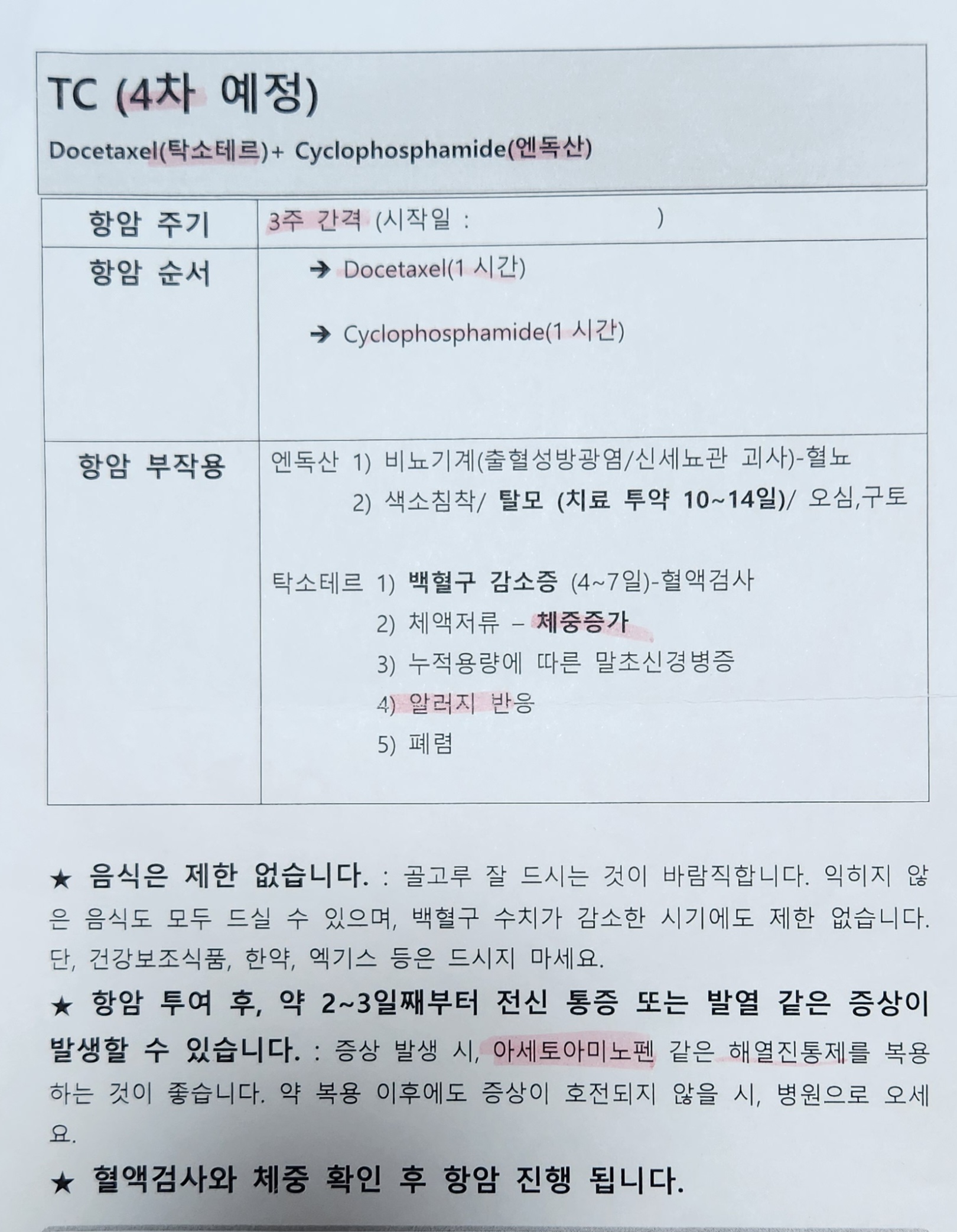 tc 항암 주기, 순서, 부작용 정리, 병원에서 받은 항암 안내문