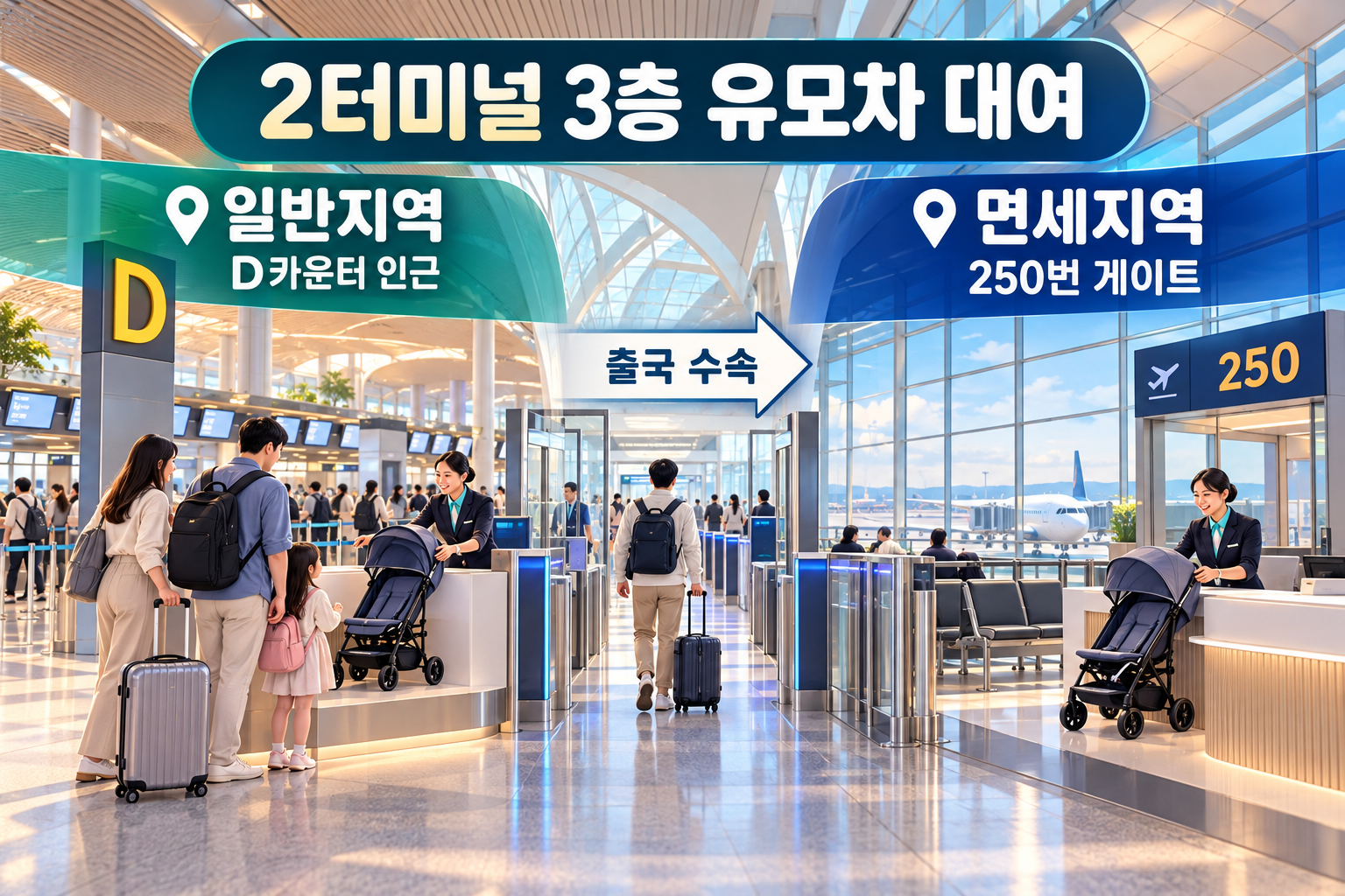 인천공항 2터미널 일반지역 D카운터와 면세지역 250번 게이트의 유모차 대여 위치