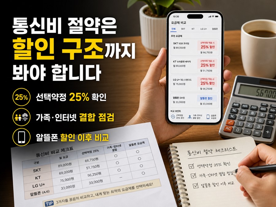 선택약정 25퍼센트 할인, 가족결합, 인터넷결합, 알뜰폰 할인 이후 금액까지 함께 비교하는 통신사 요금제 실전 점검표 이미지입니다.