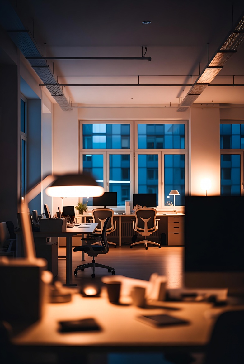 조용한 실내 책상과 부드러운 조명이 있는 공간