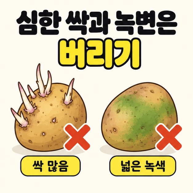 여러 긴 싹이 난 감자와 넓게 녹색으로 변한 감자에 각각 엑스 표시를 붙이고 심한 싹과 녹변은 버리기를 안내한 이미지