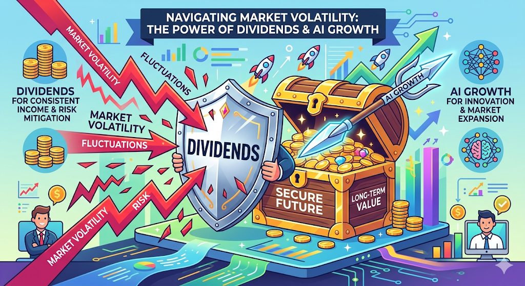 변동성 지수(VIX)가 요동치는 배경 위에 방패와 창을 든 ETF 캐릭터가 자산을 지키고 있는 인포그래픽