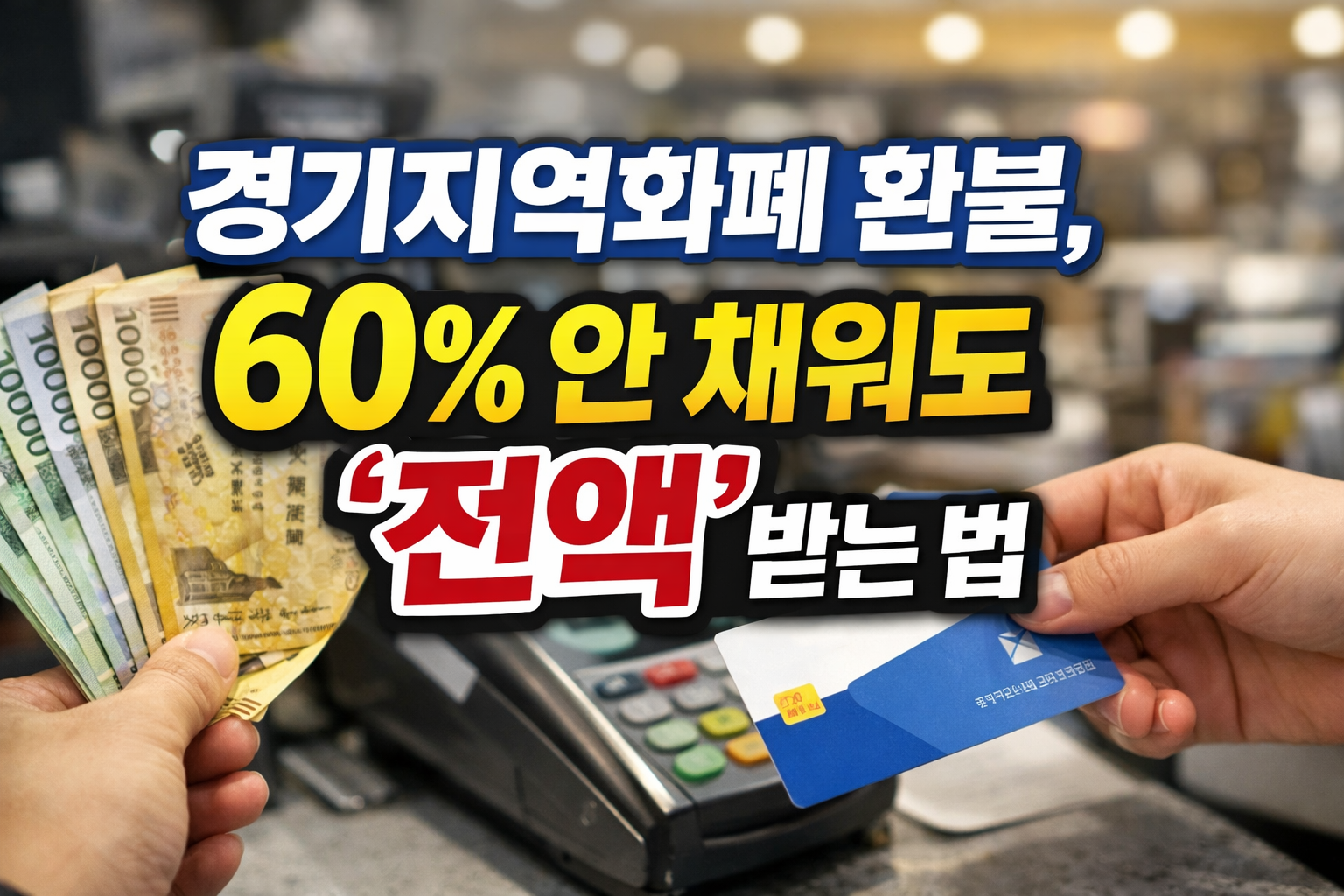 경기지역화폐 60% 사용 기준을 채우지 않아도 전액 환불받는 방법을 설명하는 이미지, 카드 결제와 현금 환불 장면