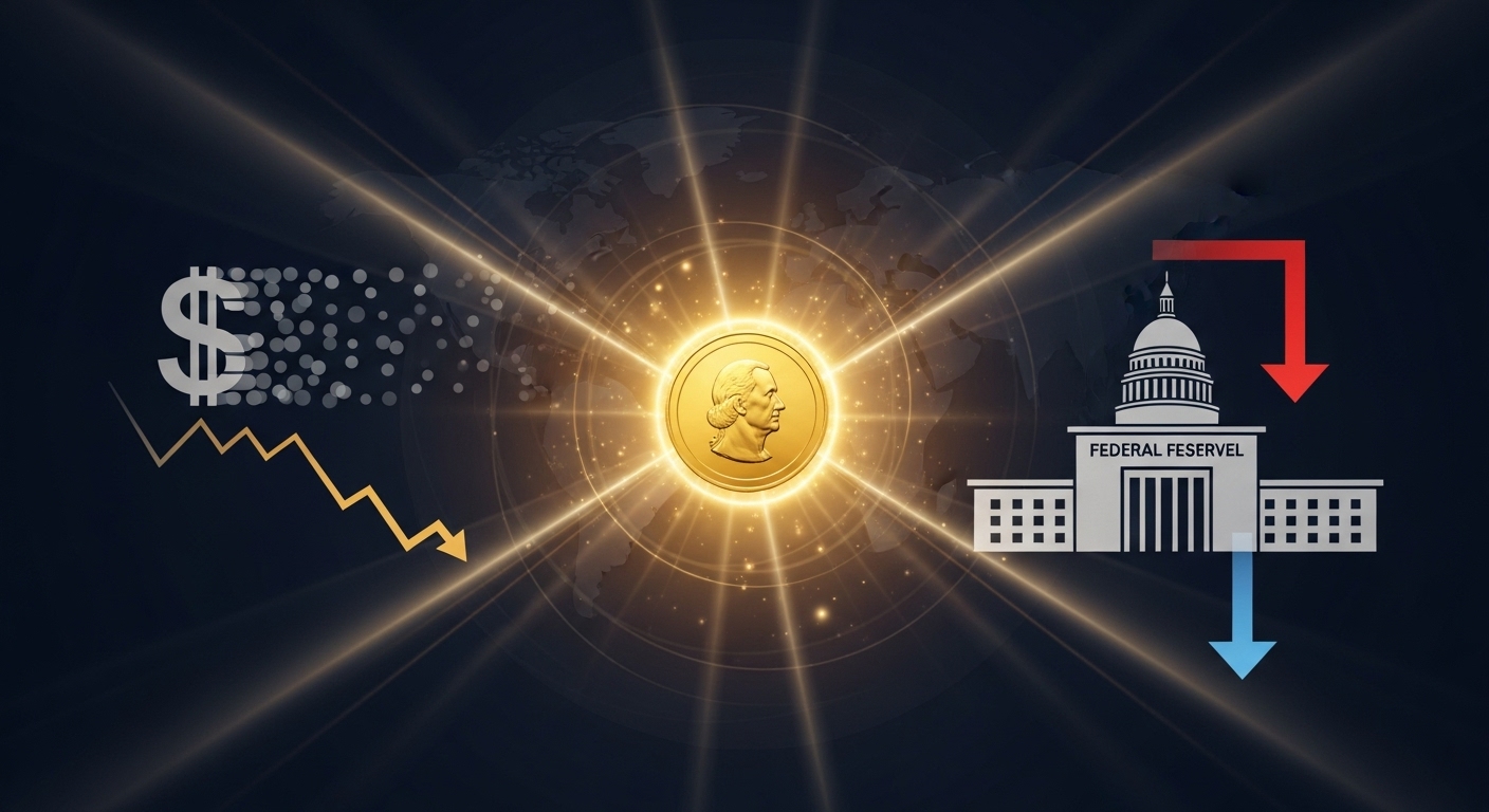 약해지는 달러, 연준의 금리 인하 기대, 지정학적 위험이 금값에 미치는 영향을 상징적으로 보여주는 추상적인 이미지