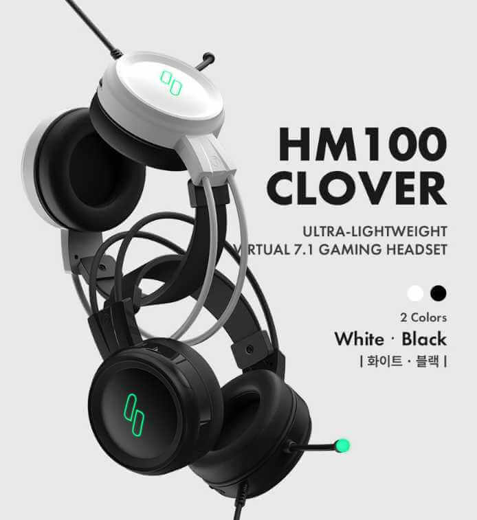 SPM HM100 클로버, 초경량 가상 7.1채널 게이밍 헤드셋, 블랙과 화이트 두 가지 컬러 옵션을 선보이는 제품 디자인