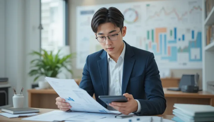 2025년 원숭이띠 운세 재물운을 확인하며 계산기를 두드리는 남성의 모습