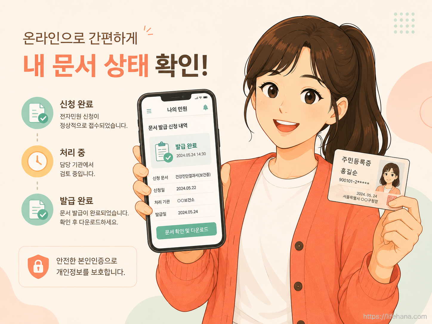 보건증 온라인 발급 신청 화면과 신분증을 든 주인공의 모습