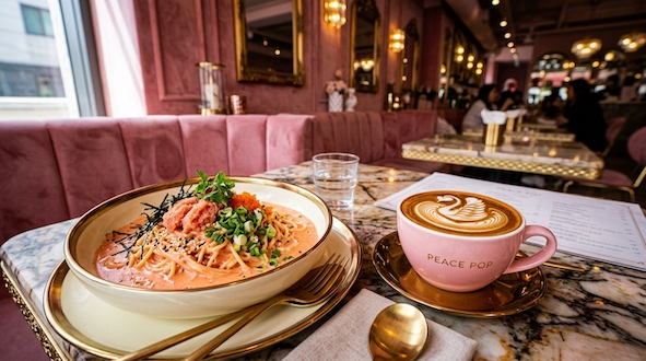 pink pasta with latte