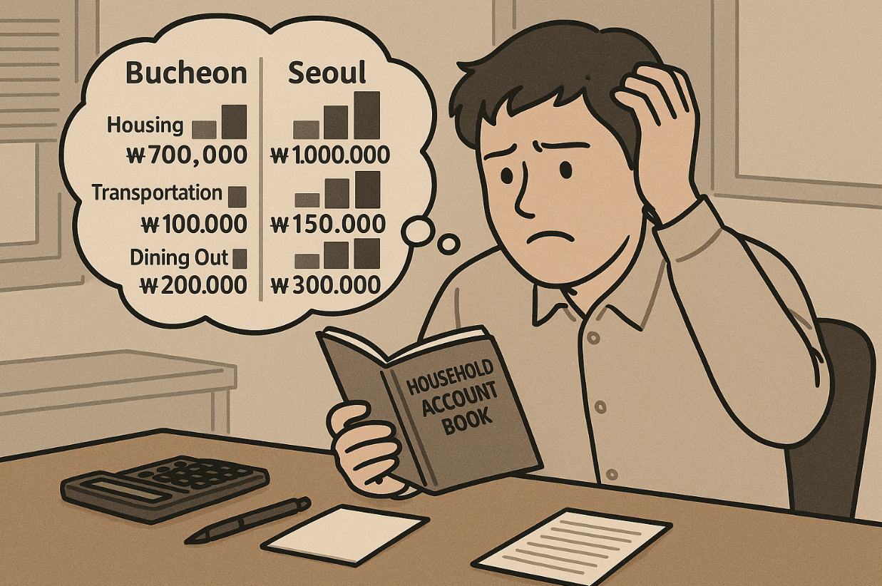 혼자 사는 직장인이 부천과 서울의 생활비를 항목별로 비교하며 가계부를 정리하는 모습