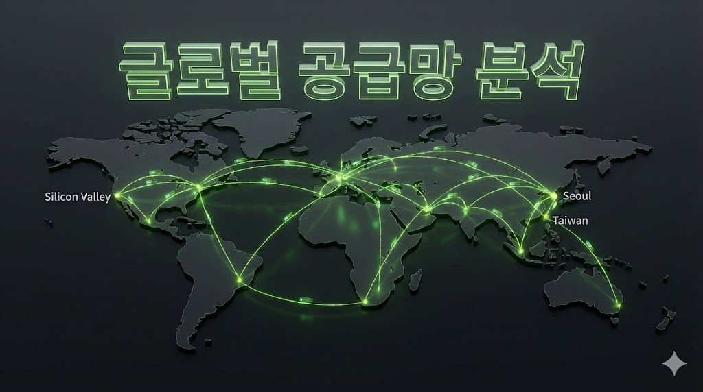 글로벌 공급망 분석을 시각화한 세계 지도와 데이터 스트리밍 연결망.