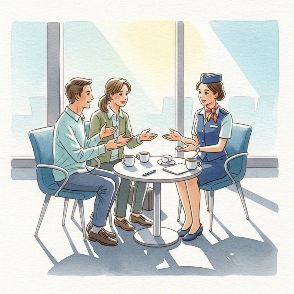 공항에서 대화로 갈등을 해결하는 모습