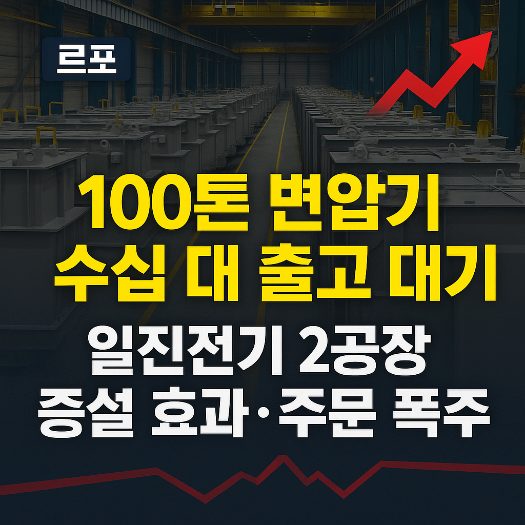 초대형 100톤 변압기가 공장 바닥에 줄지어 놓여 있고, ‘한국 기업이 미쳤다… 변압기 슈퍼사이클 주문 폭주’라는 문구가 강조된 산업 현장 썸네일 이미지