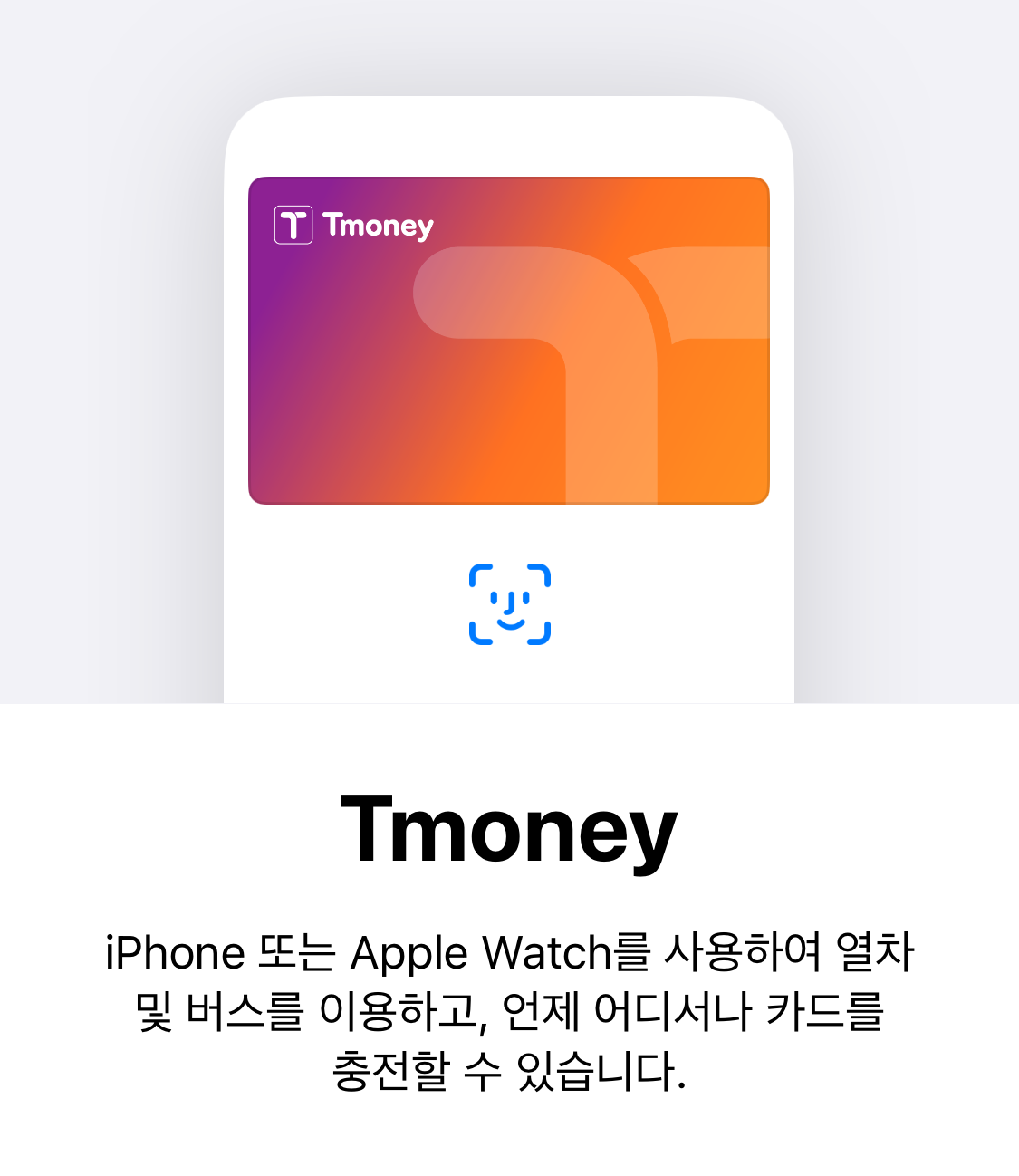 아이폰 지갑 앱의 모바일 티머니 설치 화면, 대중교통 카드 없이 이용 가능