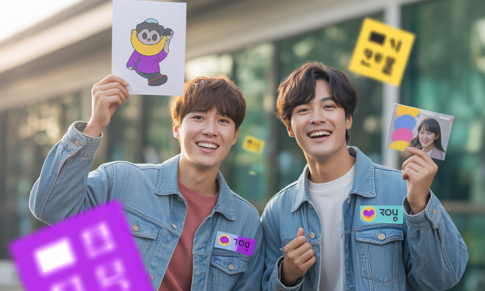 MZ세대가 개성 있는 투표 인증 용지와 아이돌 포토카드를 들고 투표소 앞에서 웃으며 인증샷을 찍는 모습.
