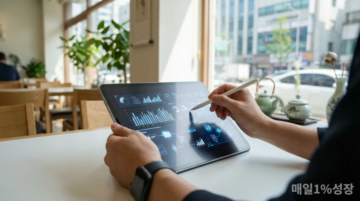 한국인 전문가가 AI 대시보드를 활용하여 업무 효율을 높이는 모습