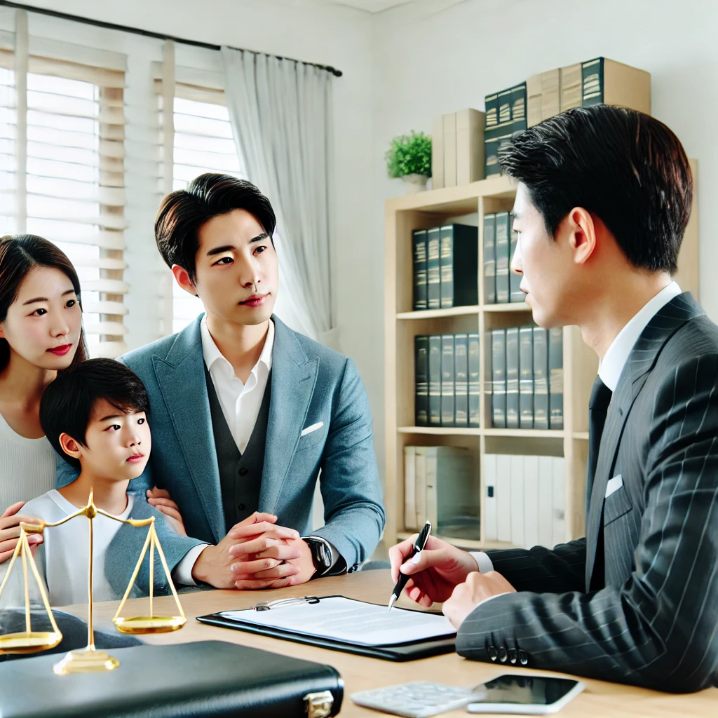 가족이 전문 변호사와 상담을 받고 있는 모습. 변호사가 서류를 설명하고 가족은 진지하게 경청하는 장면이 밝은 사무실에서 연출되어 신뢰와 전문성을 강조합니다