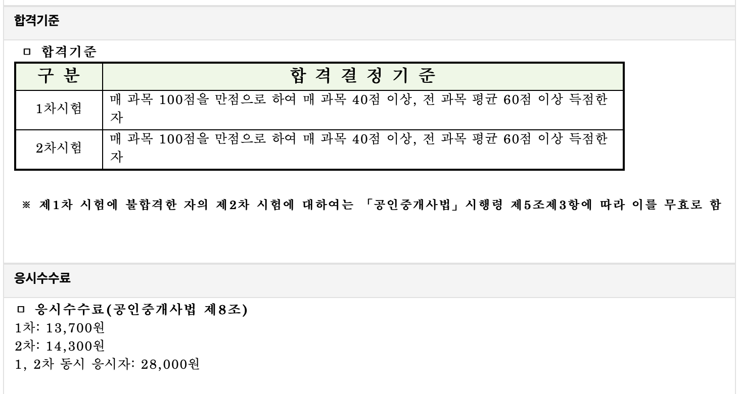 공인중개사 시험 합격기준과 응시 수수료