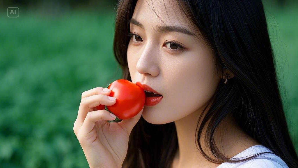 A woman is eating a tomato.