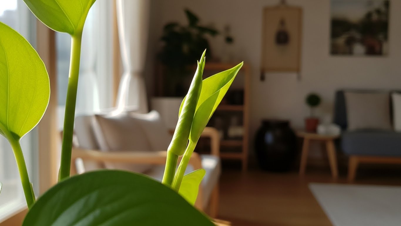 새순이 올라오며 회복 중인 실내 식물의 모습