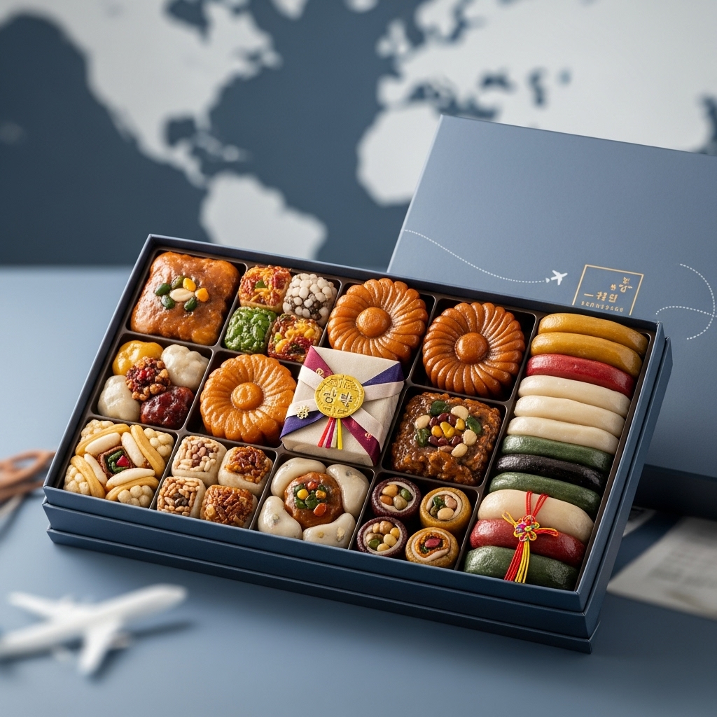 2026년 설날 해외 거주 가족을 위한 한국 전통 간식 선물 세트. 약과, 유과, 강정 등 다양한 한과가 블루-그레이 톤의 고급스러운 상자에 정갈하게 담겨 있는 모습.