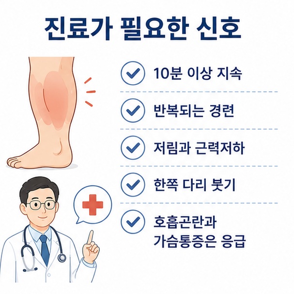 종아리 경련이 오래 지속되거나 저림과 근력저하, 한쪽 다리 붓기와 호흡곤란이 동반될 때 진료가 필요하다는 내용을 정리한 이미지