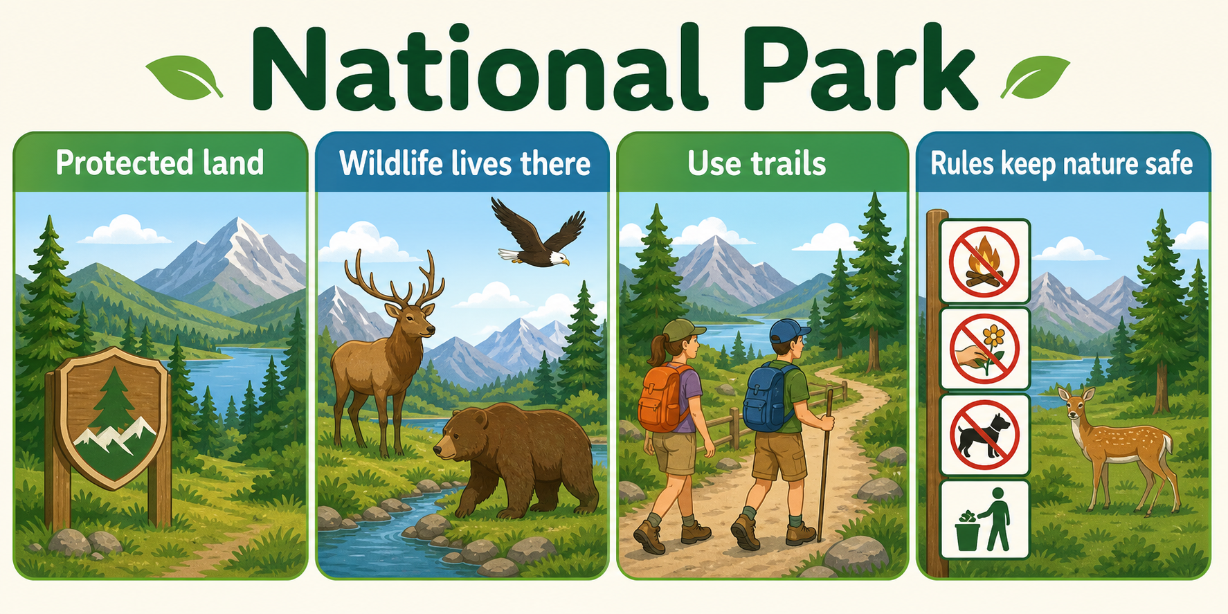 Infographic explaining protected land, wildlife, trails, visitors, and park rules