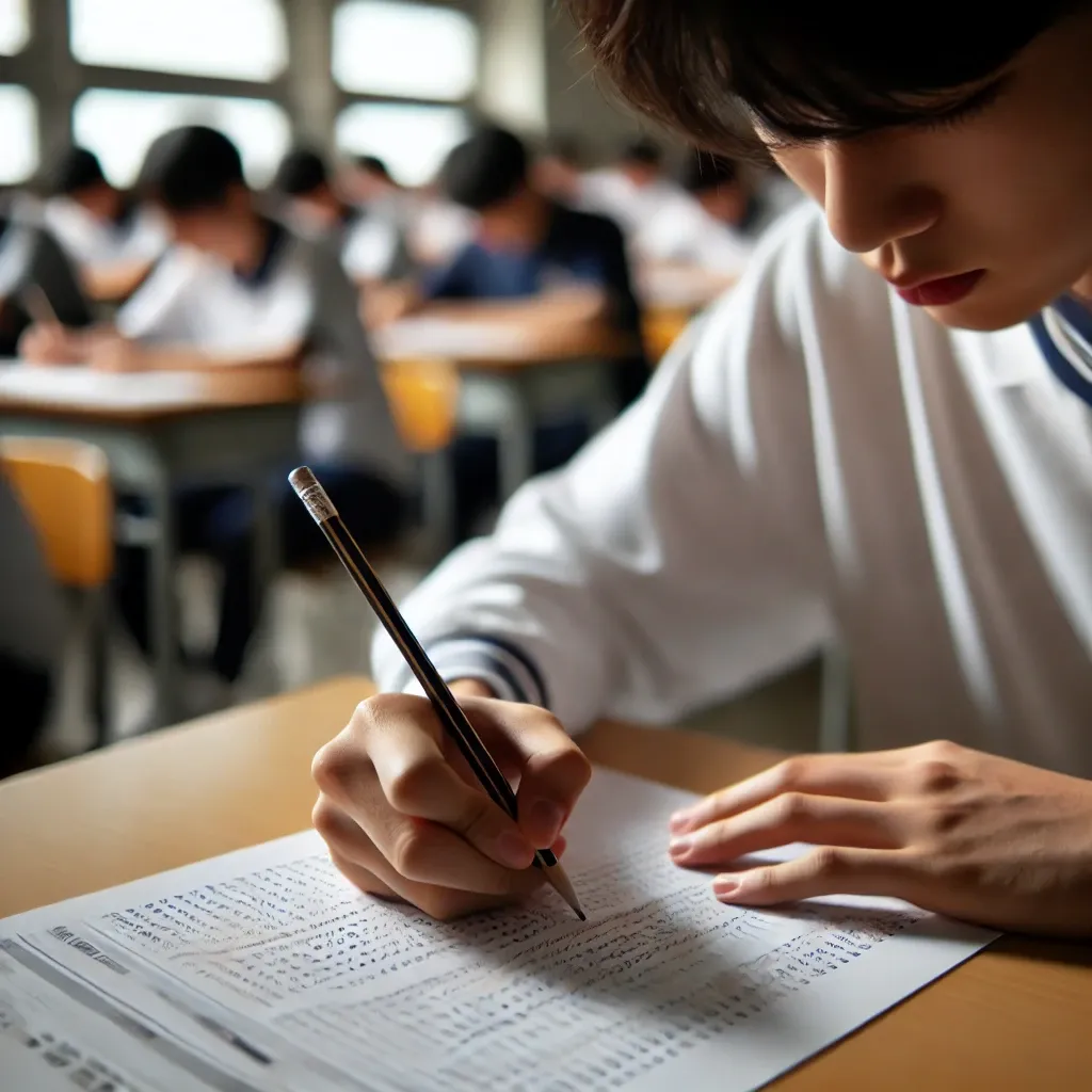 수능 시험 중에 답안을 작성하는 고등학생의 손과 시험지 근접 장면