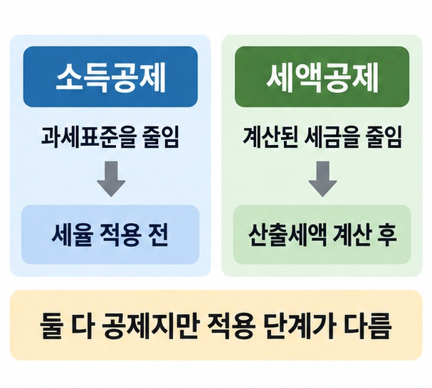 소득공제는 과세표준을 줄이고 세액공제는 계산된 세금을 직접 줄인다는 차이를 비교한 이미지