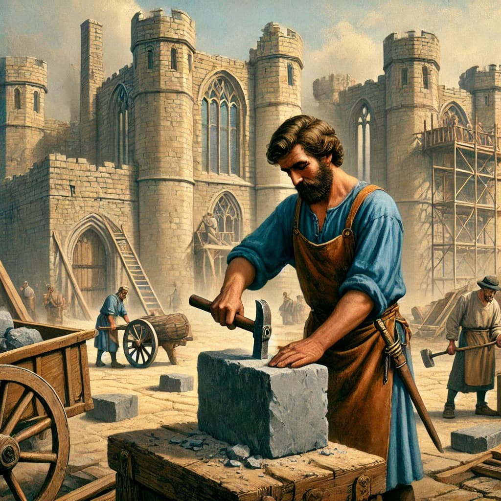 중세 유럽 봉건사회 석재를 다듬고 있는 석공(Mason)의 모습